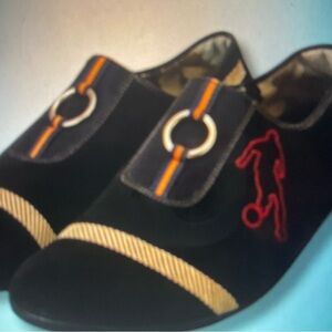 Vintage Salvatore Ferragamo Black Slip-On Shoes with Red and Gold Accents